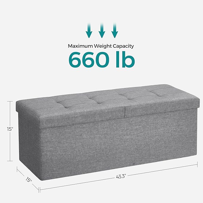 SONGMICS MAZIE Collection - 43 Inches Storage Ottoman, Foldable Storage Bench with Flipping Lid, 660 lb Load Capacity, for Entryway, Living Room, Bedroom, Light Gray ULSF71G