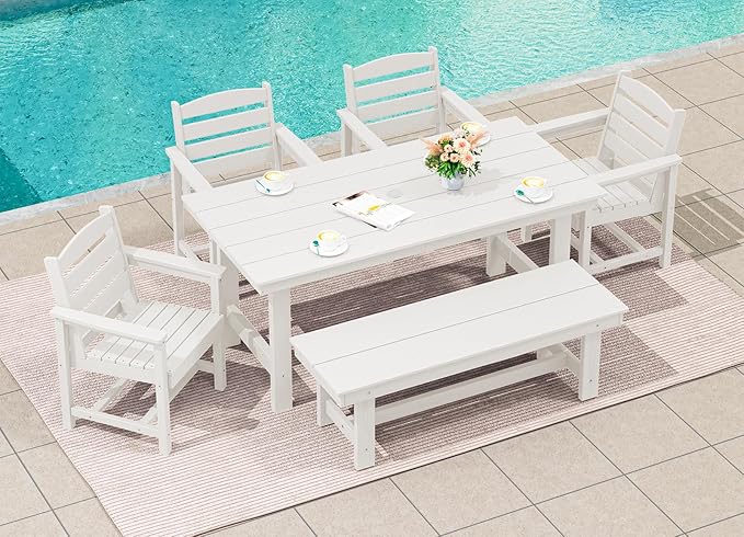SERWALL Outdoor Dining Set for 6, HDPE Dining Furniture Set with Umbrella Hole Cut-Out Table and 1 Dining Bench and 4 Chairs, All Weather Outdoor Dining Bench Sets, White