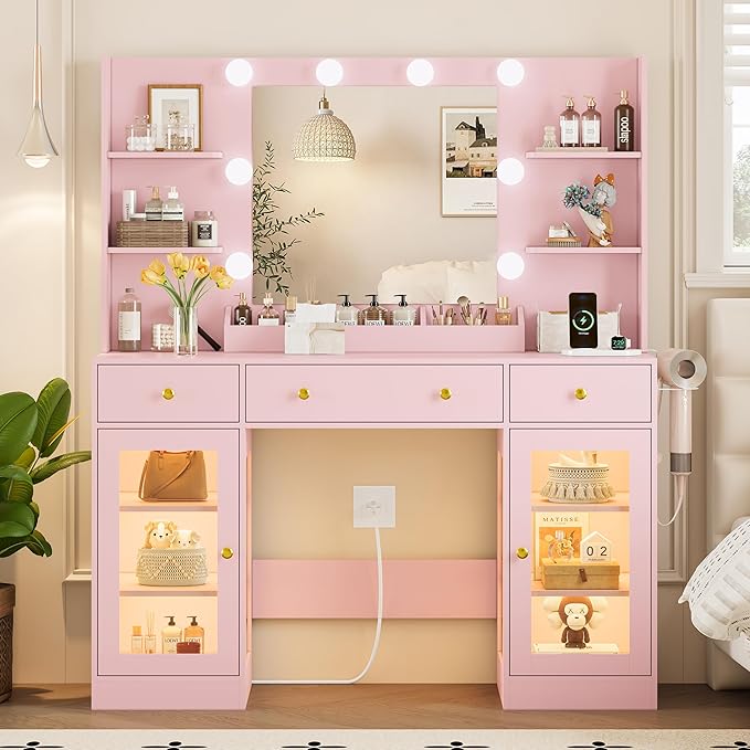Vanity Desk with Mirror and Lights, Makeup Vanity Set with 3 Storage Drawers & Adjustable Shelves, Dressing Table with RGB Cabinets & Charging Station, 3 Lighting Modes for Women Kids Bedroom, Pink