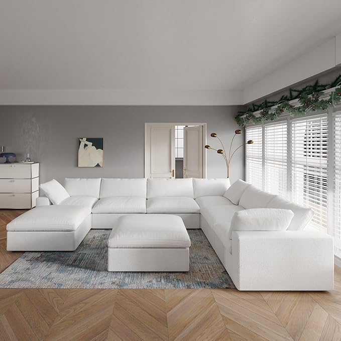 JACH 160" Cloud Sectional Couch, Overzised Down Filled Couch, 8 Seater Convertible Modular Cloud Sofa for Living Room, Minimalist Deep Seat Modern Couches,Sofa Cover Removable, White