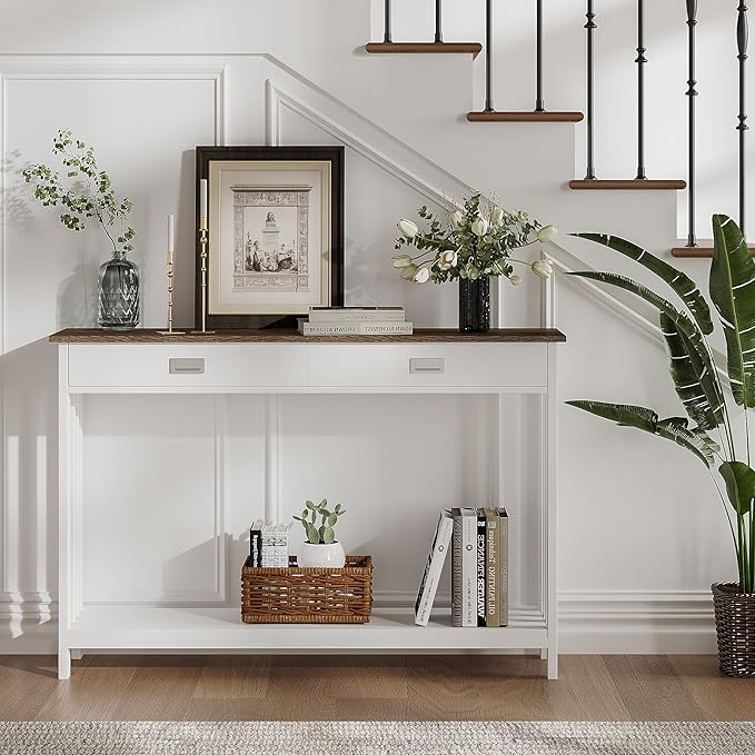 ChooChoo Farmhouse Long Entryway Table with Drawer, Mission Narrow Console Sofa Table with Storage, for Entryway,Living Room and Hallway, 47 Soft White and Brown