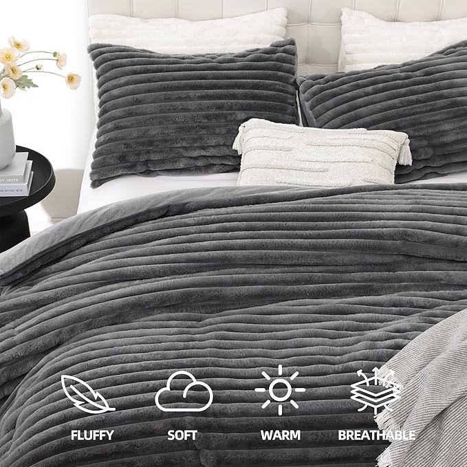 Smoofy Fluffy Queen Comforter Set 3 Pieces - Dark Grey Fleece Fluffy Comforter Set, Luxury Fuzzy Queen Bedding Set, Soft Warm Bed Set All Season, Heavy Faux Fur Comforter with 2 Pillow Cases