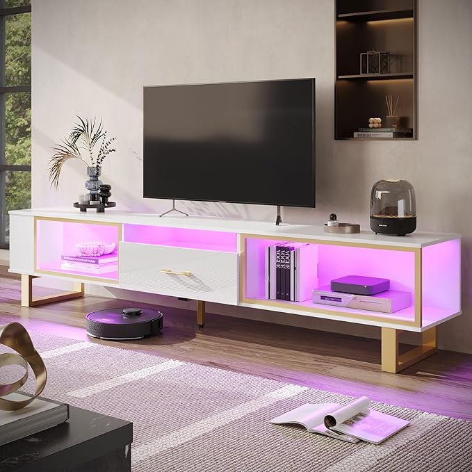 Bestier 80 Inch TV Stand for 65/75/85/90 Inch TVs, LED Gaming Entertainment Center with Open Storage and Half-Glass Design Drawer, Modern High Gloss Media Console for Living Room, White and Gold