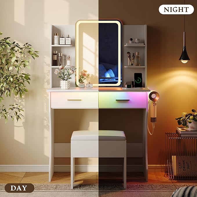 White Makeup Vanity Desk with Mirror and Lights, Small Vanity Table Set with Power Outlet, Dressing Table with 2 Drawer & 4 Storage Shelves, Adjustable RGB Lighting, Includes Chair for Girl’s Bedroom