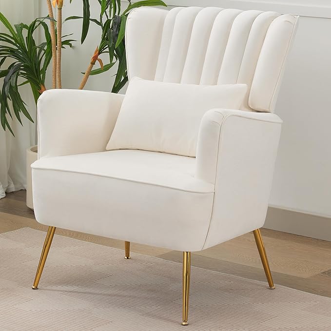 Fabric Accent Living Room Arm Chair with Pillow & Golden Legs, 8.5" Thick Cushion, Mid Century Modern Wingback Chairs Upholstered Comfy Sofa Armchair for Reading Room/Bedroom, White