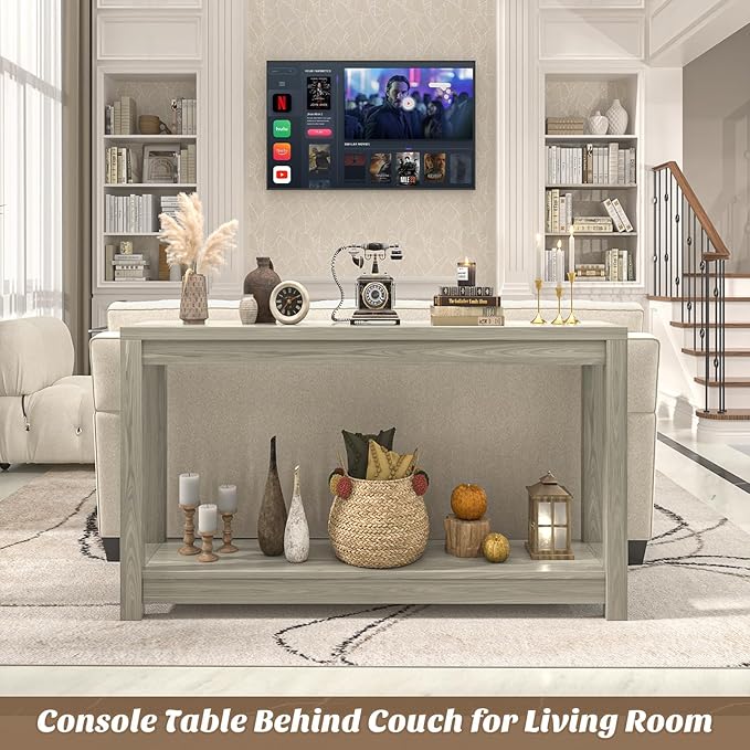 47" Farmhouse Wood Entryway Table Narrow Console Table with Storage Behind Couch Sofa Table with Shelves Entry Way Table with Open Storage, Easy Assembly, Classical Washed Oak