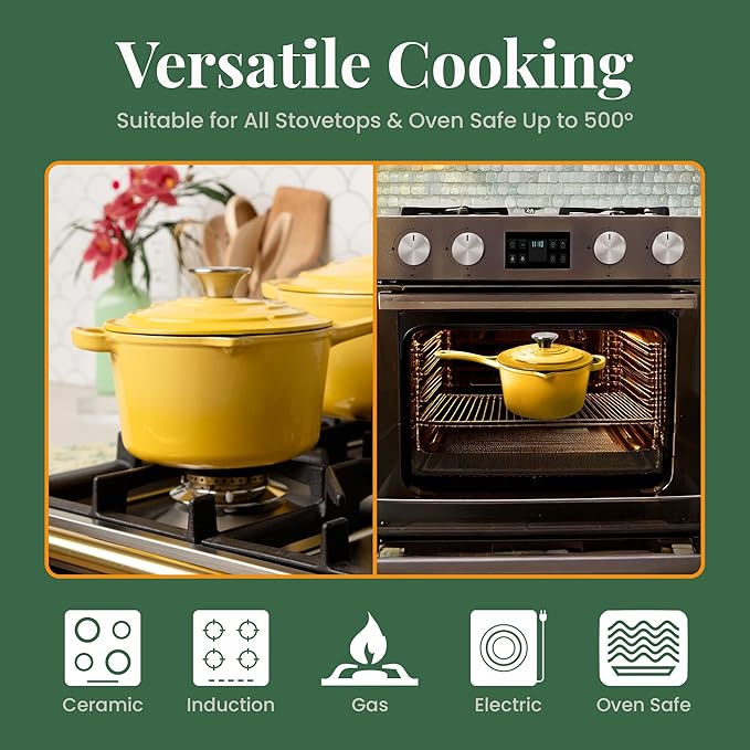 Larder & Vine Enameled Cast Iron Saucepan | 2.2 qt Sauce Pan with Lid | Saucepan with Pour Spouts | Enameled Cast Iron Pot Compatible on All Cooktops & Oven Safe to 500° F | Limoncello