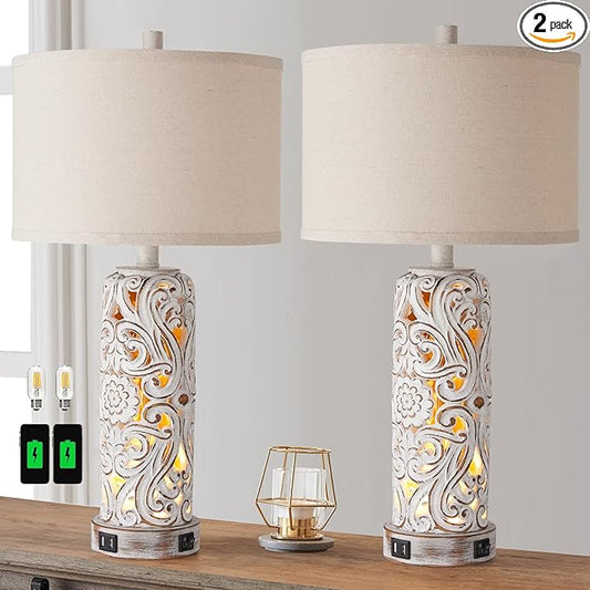 RORIANO Set of 2 Rustic Farmhouse Table Lamps for Living Room Bedroom, Vintage Bedside Lamp with Dual USB Port, Antique White Resin Retro Nightstand Lamps with Night Light