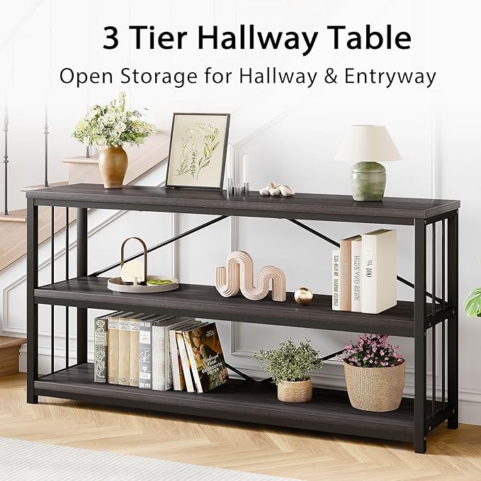 LVB 3-Tier Rustic Console Table, Extra Long Entryway Table with Storage, Industrial Skinny Wood Metal Sofa Table with Shelf, Modern Narrow Hallway Table for Foyer Living Room Bedroom, Dark Gray, 70 In