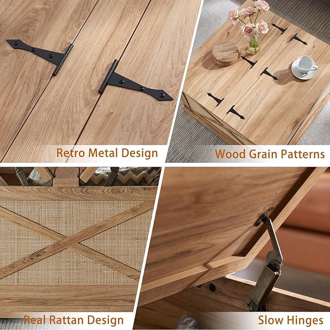 Farmhouse Square Coffee Table with Storage, Wood Center Table with Hinged Lift Top, Rustic Cocktail Table with Large Hidden Storage Compartment for Living Room, Bedroom,Natural,Rattan