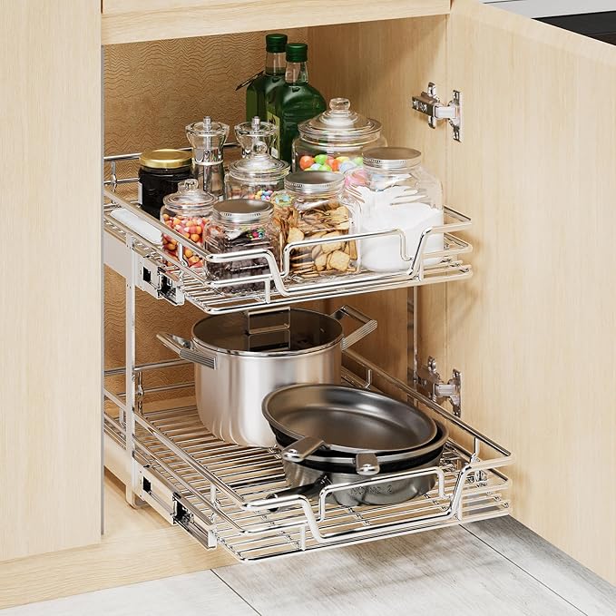 2-Tier Kitchen Cabinet Pull Out Shelf and Drawer Organizer Slide Out Pantry Storaqe Basket in Multiple Sizes (16" W x 21" D)