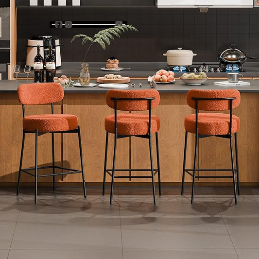 DYHOME Bar Stools Set of 3, 24 Inches Modern Counter Height Bar Stools with Curved Back Metal Legs, Orange Upholstered Boucle Barstools for Kitchen Island, Cafe
