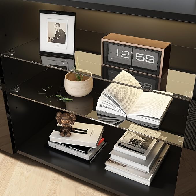 SUSSURRO LED TV Stand for 65/70 inch TV, Television Table Center Media Console with Drawer and Led Lights, High Glossy Modern Entertainment Center for Living Game Room Bedroom, Black