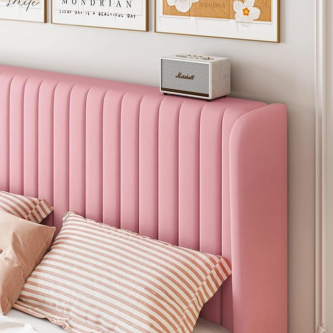 SHA CERLIN King Size Velvet Bed Frame with Vertical Channel Tufted Wingback Headboard, Upholstered Platform Bed with Wood Slats, No Box Spring Needed, Easy Assembly, Pink