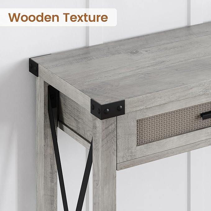 IDEALHOUSE Farmhouse Entryway Table, Grey Console Table with Rattan Drawers, 43" Sofa Table with Storage, Console Tables for Entryway, Living Room, Hallway, Foyer-Grey