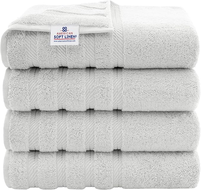 American Soft Linen Luxury 4 Piece Bath Towel Set, 600 GSM 100% Cotton Turkish Bath Towels for Bathroom, 27x54 in Large Bathroom Shower Towels, Silver Grey