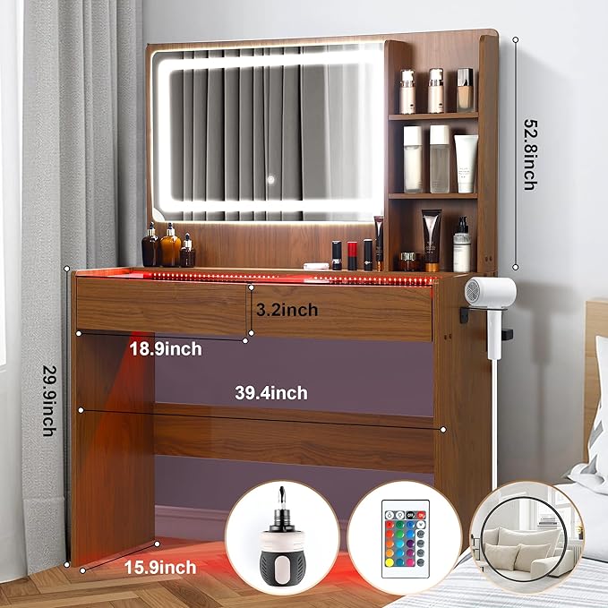 Vanity Desk，Transparent Desktop, Multiple Color Ambient Lights, with Mirror and Tri Color Light Strip, Dressing Table with Charging Station, Equipped with 2 Drawers, Peach Colored