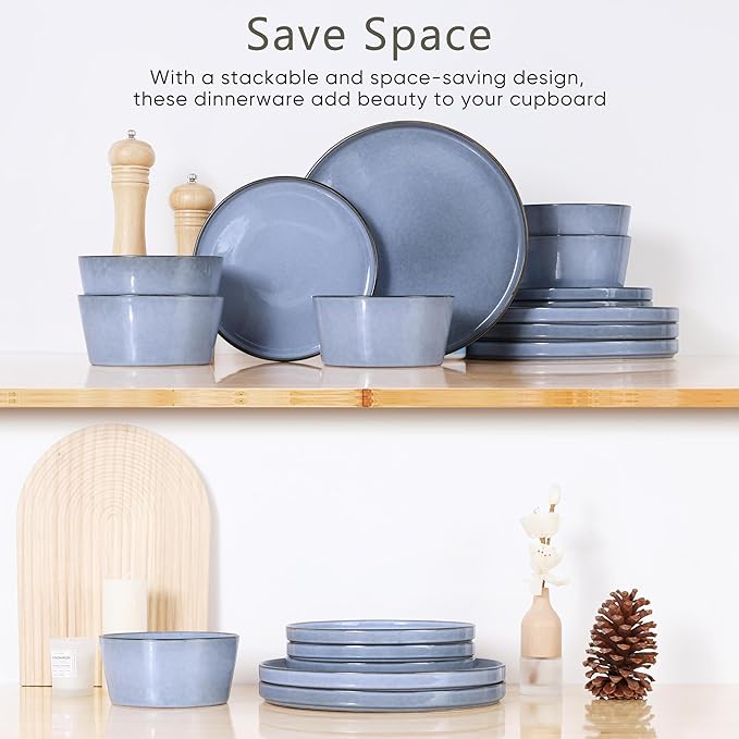 Herogo 24-Piece Stoneware Dinnerware Set for 8, Dinner Plates and Bowls Sets, Double Reactive Glaze Dishware Place Setting for Kitchen, Scratch Resistant, Microwave Safe, Haze Blue