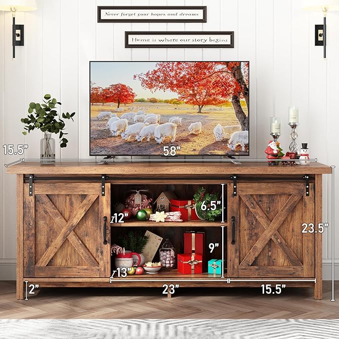 Farmhouse TV Stand for 55-65in TV with Adjustable Shelves & Sliding Barn Door - Rustic, Wooden Entertainment Center & Media Cabinet for Bedroom, Living Room (Dark Brown, 58in)