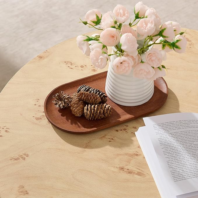 Round Boho Wood Coffee Table - 29.1" Farmhouse Natural Circle Wooden 2-Tier Coffee Tables Living Room Furniture, 29.1" D x 18.3" H, Burl Wood Color