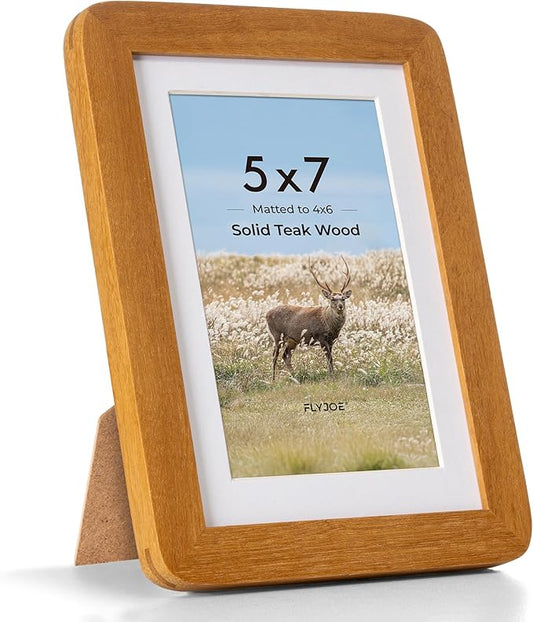 5x7 Picture Frame - Solid Teak Wood 5 x 7 Photo Frame, 5''x7'' Frame With Mat For 4x6, Tabletop and Wall Display, Hanging Hardware Included, 5 By 7 Picture Frame Wood, Natural Teak