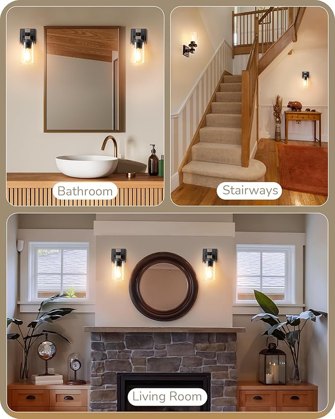 EDISHINE Wall Sconces Set of 2, Farmhouse Vanity Lights for Bathroom, 1-Light Wall Light Fixtures, Industrial Wall Mount Lighting Lamps with Clear Glass Shade for Bedroom Living Room Mirror Hallway