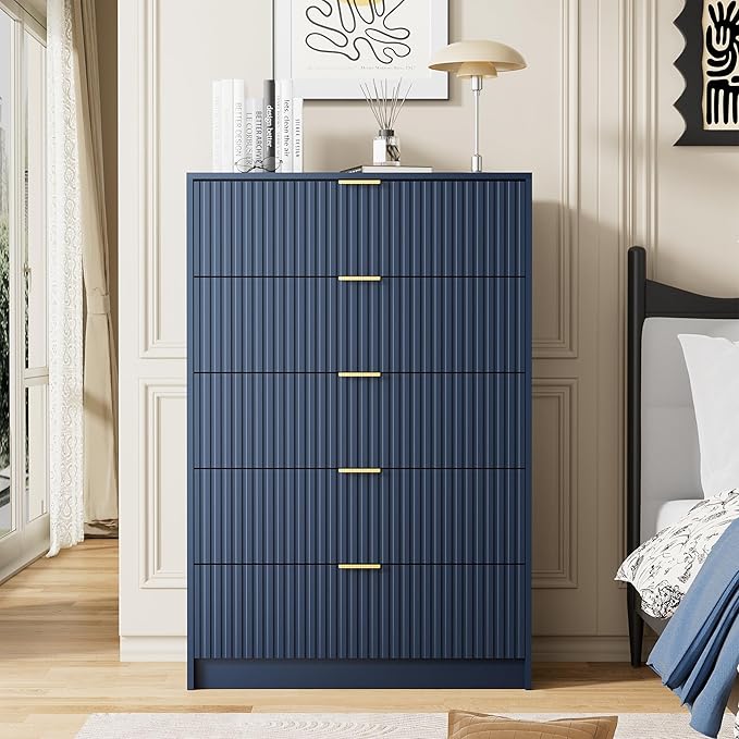 Blue Dresser for Bedroom, Modern Dresser with 5 Drawers and Smooth Slides, Wide Chest of Drawers with Golden Handles for Bedroom, Living Room, Closet, 15.7" D x 31.5" W x 47.2" H
