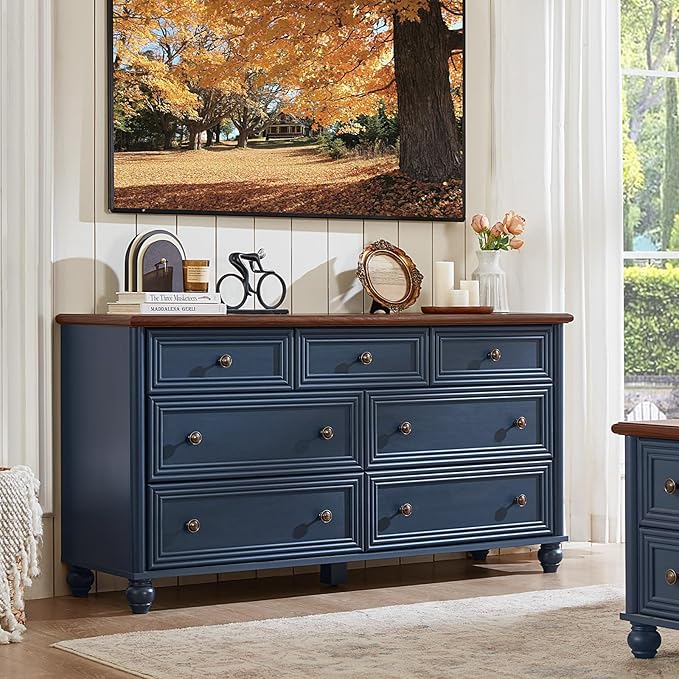 Farmhouse Dressers & Night Stand Set of 3, Wood 54" Wide Dresser & 43.5"Tall Chest of Drawers, 18" with Charging Station Nightstand, Bedroom Furniture 7 Drawer Dresser Set for Home Living Room Hallway