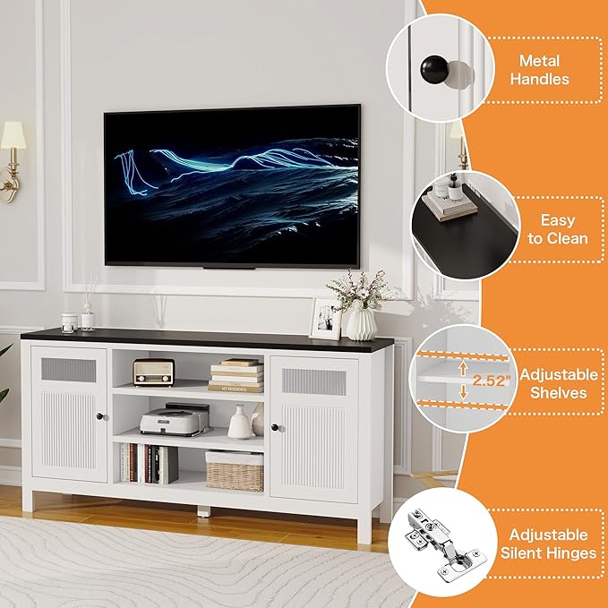 Tv Stand for Living Room: 63" Tv Entertainment Center with Storage, White Media Console Cabinet with 2 Doors, Suitable for 50-70 Inch Television（White）