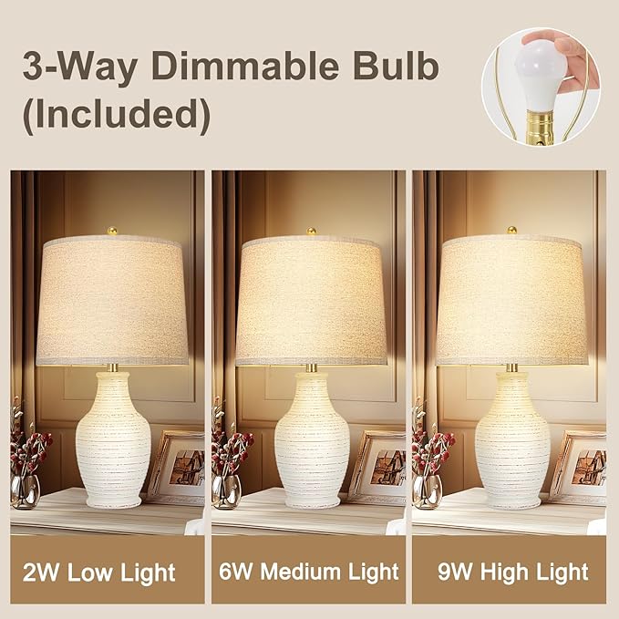 23" White Washed Ceramic Table Lamps Set of 2 with 3-Way Dimmable Bulb,Rotary Switch,Lamps for Living Room,Bedside Lamp with Linen Shade,Nightstand Lamps of 2 for Living Room Bedroom(Bulb Included)