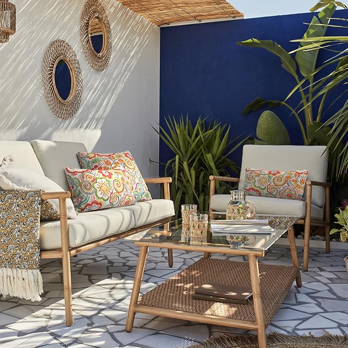 LVTXIII Outdoor/Indoor Lumbar Pillows, Decorative Patio Lumbar Cushions, Fluffy Water Repellent Garden Cushions for Home Patio Coach Sofa Use, 12×20 Inch, Pack of 2, Flower Multi