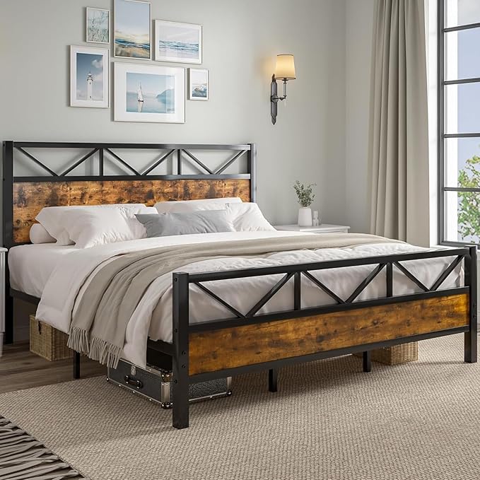 King Size Bed Frame and 51.2" Tall Headboard, King Platform Bed Frame with Headboard, Heavy Duty Metal Slats Support, No Box Spring Needed, Noise-Free, Easy Assembly, Rustic Brown