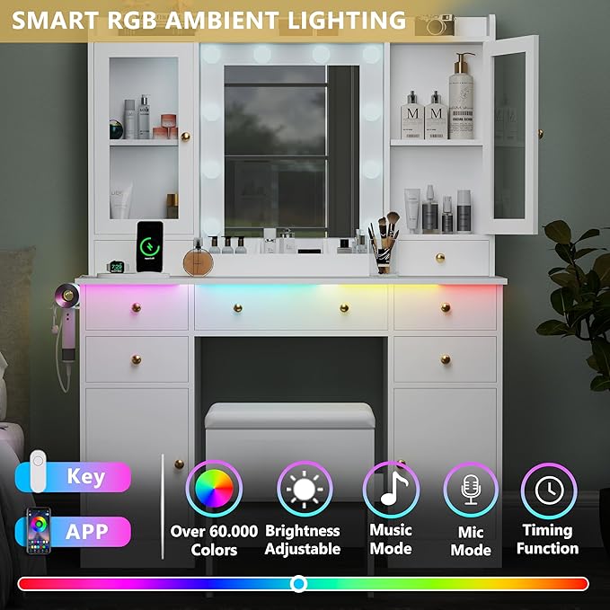 Makeup Vanity Desk with Mirror & LED Lights, Storage Drawers, Charging Station, Cabinets & Stool, Large Dressing Table with RGB Ambient Lighting for Bedroom & Vanity Room