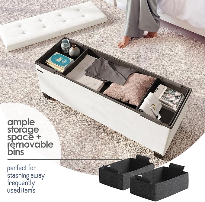 STORAGEBUD Storage Ottoman Bench with Bins, 43-in Storage Bench for Bedroom End of Bed, Folding Foot Rest Ottoman for Living Room Max 660lbs, Velvet Ottomans, Cream