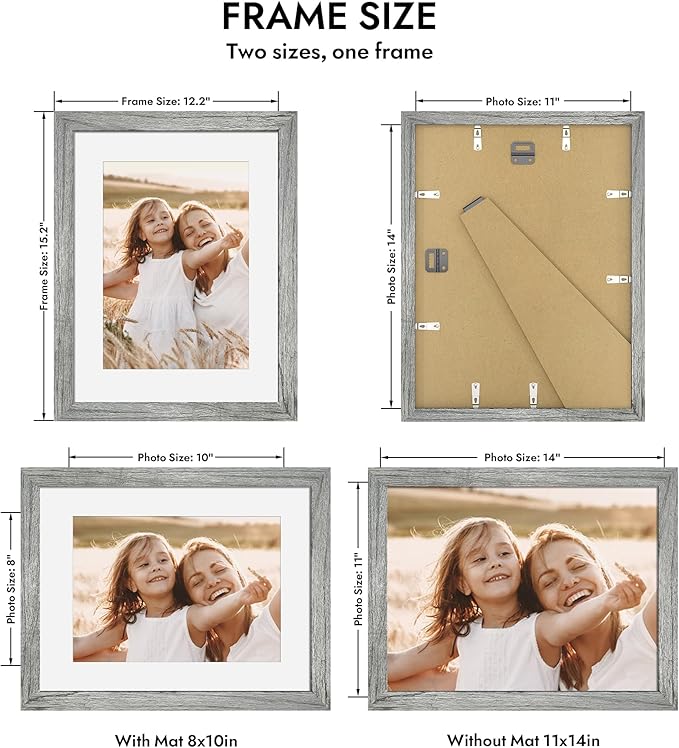 11x14 Picture Frame with Real Glass - 8x10 Wooden Frame with Mat, Horizontal and Vertical Display for Wall or Tabletop (Grey, 1 Pack)