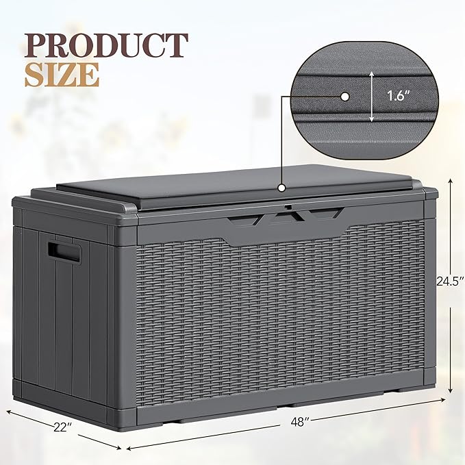 Greesum 100 Gallon Resin Deck Box Large Outdoor Storage Boxes with Cushions for Garden Tools, Patio Furniture Pillows, Pool Supplies, Gray
