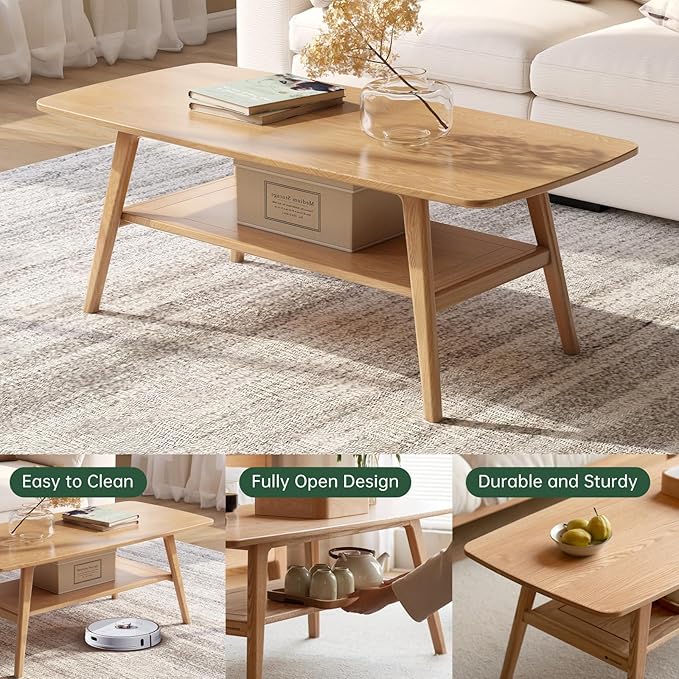 100% Solid Oak Wood Coffee Table for Living Room, 2-Tier Small Coffee Tables with Shelf Storage, Mid Century Modern Table with Rounded Corners (Natural, 39.37“ x 22.05” x 17.32“)