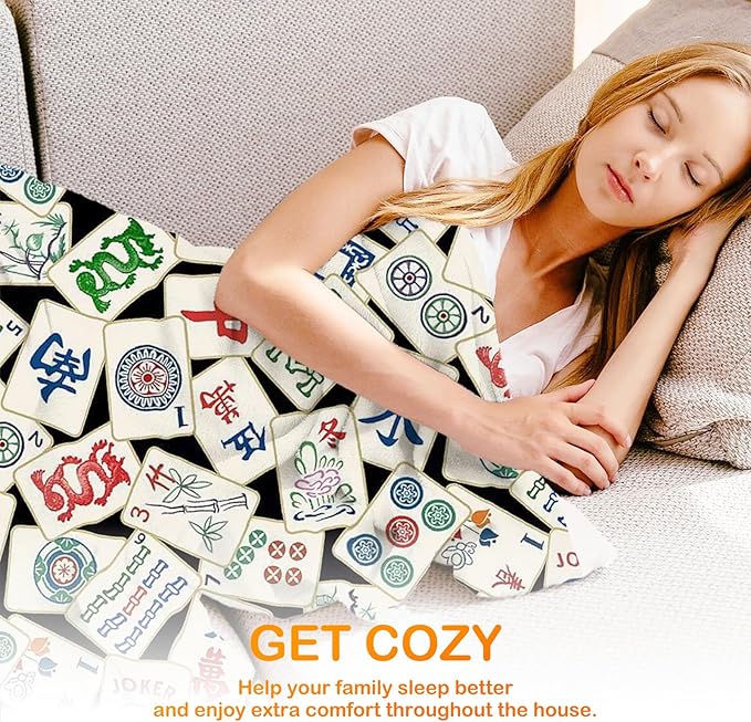 Mahjong Lover Gifts Throw Blanket for Women Men,Chinese Mahjong Blanket for Office Couch Bed Girls Dorm Bedroom Living Room,50x60 Inches