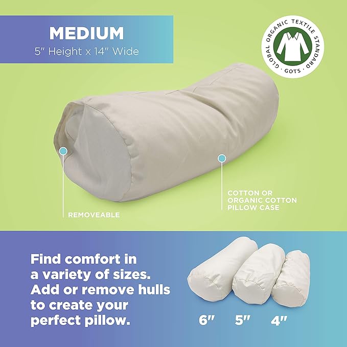 Bean Products WheatDreamz Neck Roll Pillow + Natural Case - 100% Organic Cotton - Filled with Organic Buckwheat - 5" x 14"+case
