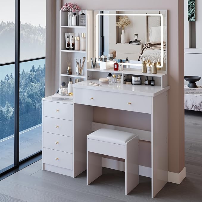 41" Vanity Desk with Mirror and Lights, Makeup Table with Led Mirror, 3 Lighting Colors, Vanity Set with Drawers and Stool for Bedroom, White