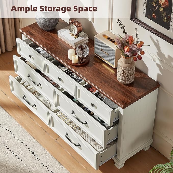 Farmhouse 7 Drawer Dresser for Bedroom, 54” Wide Dresser for Closet, Large Rustic Wooden Dressers, Chest of Drawers for Bedroom, Living Room, Entryway, White