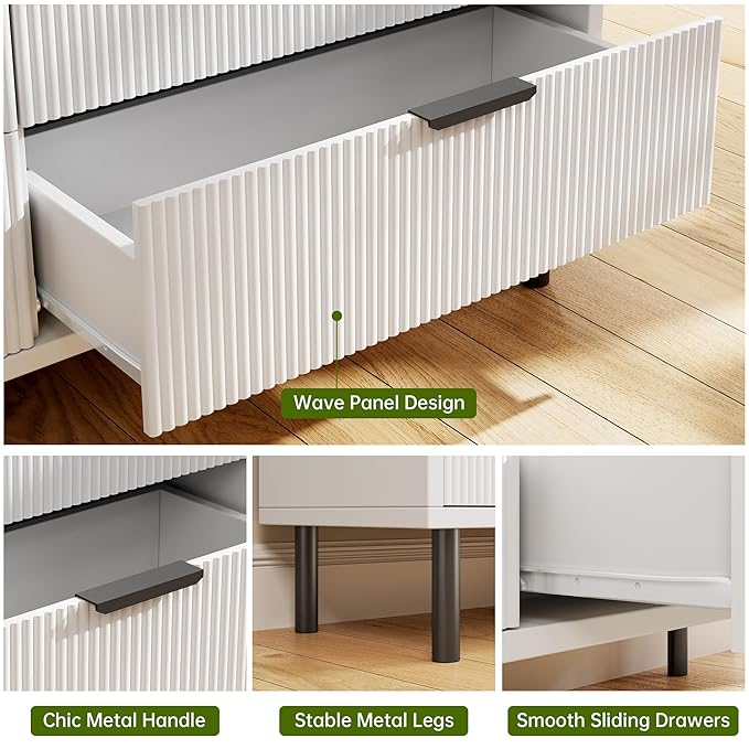 GarveeHome White Fluted 3 Drawers Dresser, Wide Wood Chest of Drawers, Modern Storage Dresser Chest of Drawers Organizer with Metal Legs and Anti-Tipping Device for Bedroom Living Room