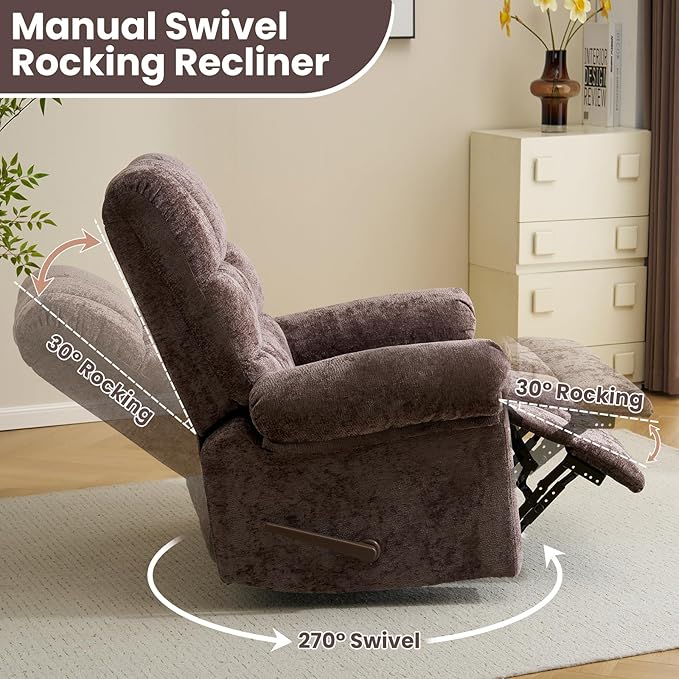 Oversized Swivel Rocker Recliner with Massage and Heat, 26" Extra Wide Manual Recliner for Adults & Big Man, Overstuffed Rocking Chair with High Back for Living Room, Coffee Chenille