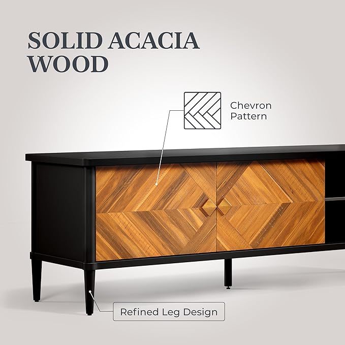 Lenia Solid Wood TV Stand – Mid-Century Modern Media Console with Chevron Doors, Adjustable Shelves & Cable Management – Wooden Entertainment Center – Teak Brown Finish