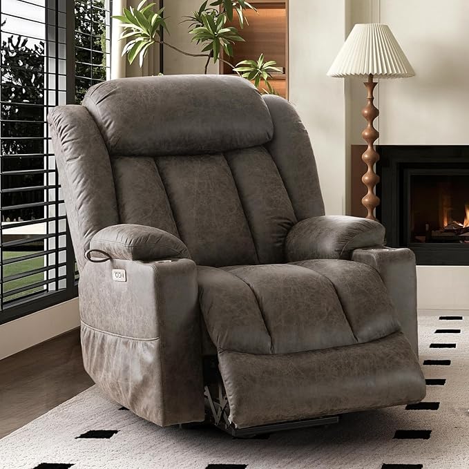HUSFU Oversized Power Lift Recliner Chairs for Elderly with Massage and Heat, Extra Wide Recliners,Breathable Leather Lift Chairs w/Cup Holders, USB & Type-C Ports, Matte Grey