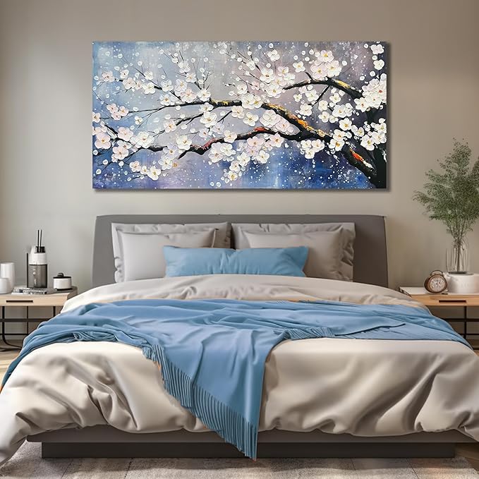 Plum Blossom Painting Wall Decor for Bedroom Women Modern Wall Art for Office Blue and White Wall Art for Living Room Large Size 29 x 58 Inch