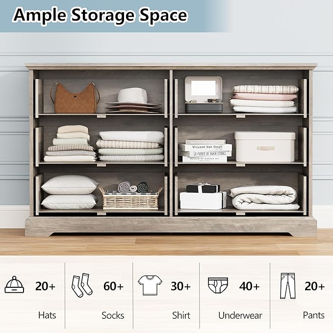 Dresser for Bedroom with 6 Drawer, Farmhouse Dresser for Closet, 53'' Wide Rustic Wooden Chest of Drawers with Natural Wood Texture, Vintage Storage Organizer for Living Room, Hallway, Grey