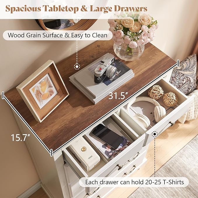 AMERLIFE Farmhouse 6 Drawers Dresser for Bedroom, Wood Antique Chest of Drawers with Metal Handle, Tall Dresser Organizer for Hallway, Entryway, White+Barnwood