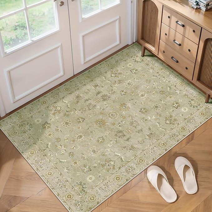Tangsoo Floral Vintage Rug 2x3 Washable Rug for Entryway, Non Slip Small Area Rugs, Indoor Front Door, Print Distressed Green Door Mat Carpet, Soft Low Pile Rugs for Entrance Kitchen Bedroom