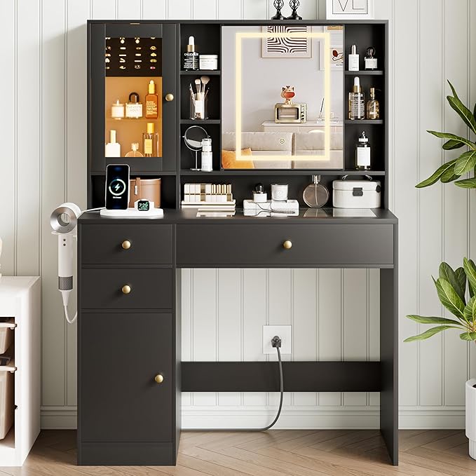 Vanity Desk with Mirror and Lights Makeup Vanity Desk with Lights 3 Colors 38" Dressing Table with Drawer and Cabinet for Bedroom Transparent Glass Top Power Outlet for Bedroom Black